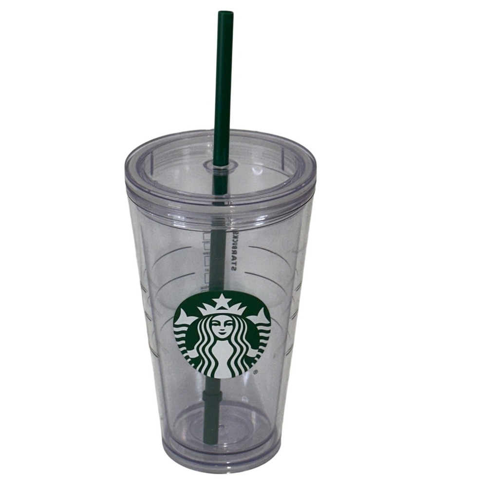 Starbucks Clear Double Wall Cold Cup Tumbler 16oz Grande with Green Straw